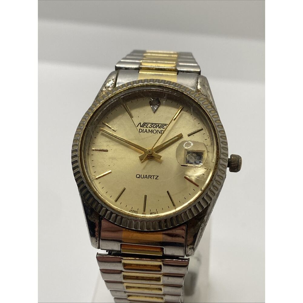 Vintage Nelsonic Diamond Quartz Gold Silver Two Tone Watch New Battery!